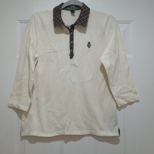 Lauren Ralph Lauren Cream Top With Plaid Collar Crest Size Large